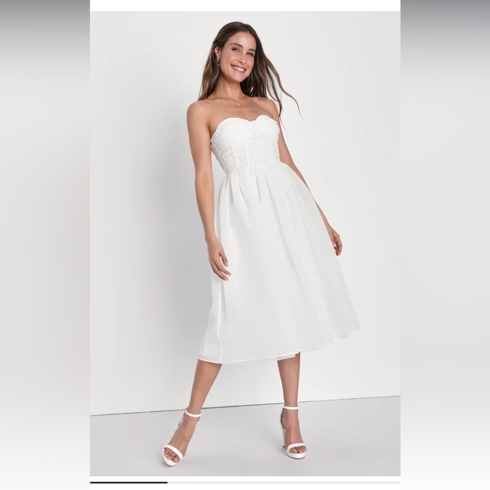 White Strapless Bustier Midi Dress